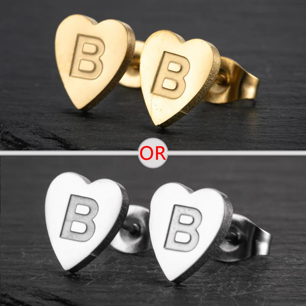 100% Stainless Steel A-Z Initial Earrings for Women Girls Personalize Letter Name Heart Stud Earring Family Jewelry Best Gifts