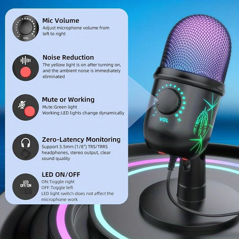 USB Microphone for Live Streaming Karaoke V5 Noise Cancelling Gaming Condenser Microphone with Mobile Phone Standphon