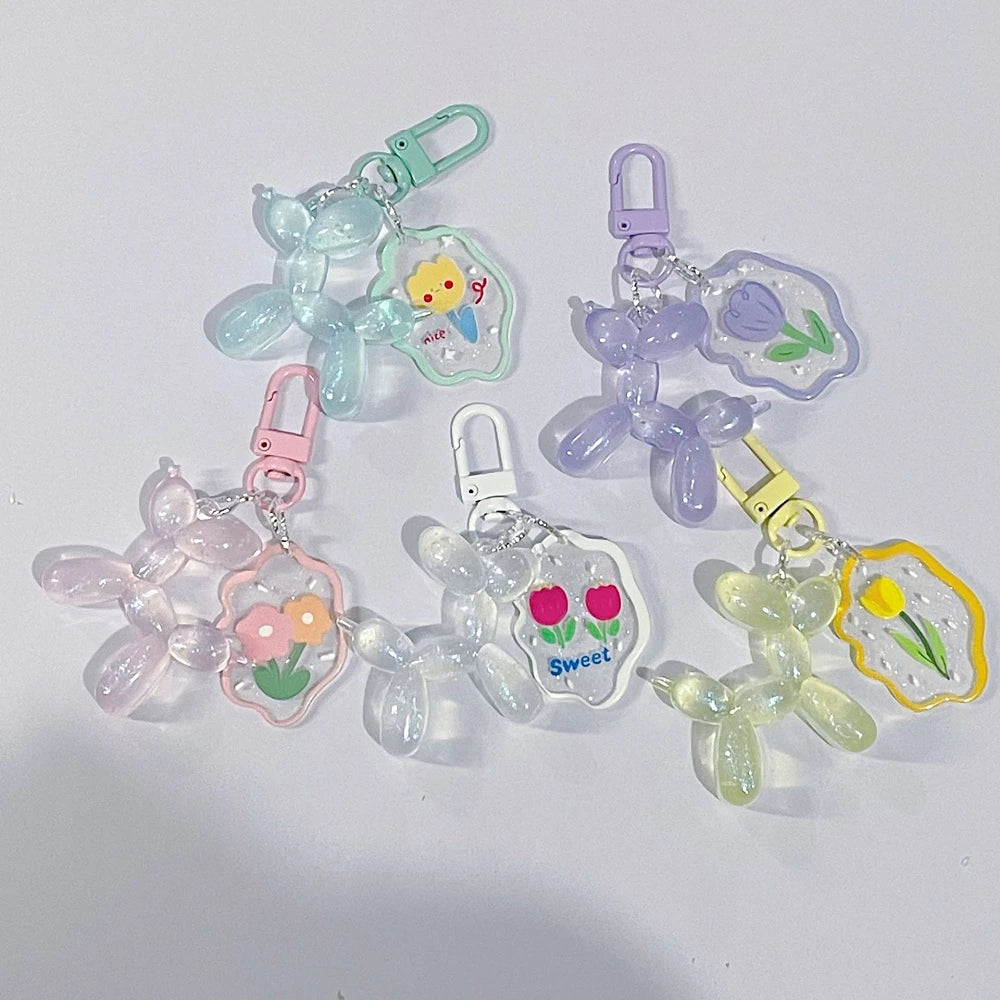 Glow In The Dark Balloon Dog Keychain for Women Cute Cartoon Bag Decoration Puppy Key Chain with Flower Charms Girl Friend Gift
