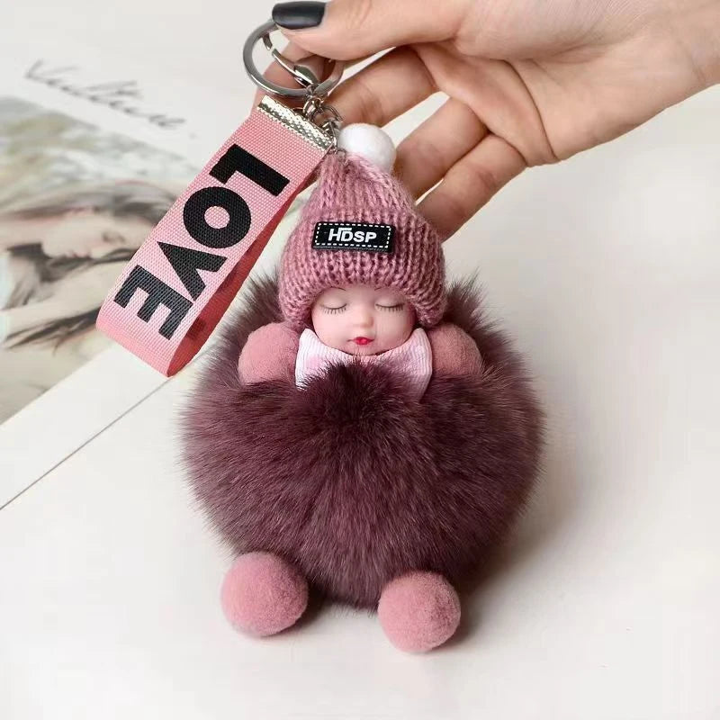 Cute Fluffy Plush Sleepy Doll Keychain For Women Bag Car Key Chain Kawaii Key Ring On Bag Car Trinket Pendant Gift