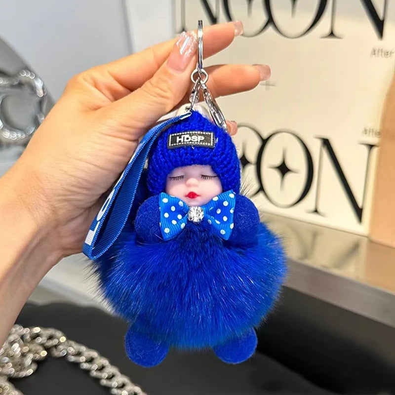 Cute Fluffy Plush Sleepy Doll Keychain For Women Bag Car Key Chain Kawaii Key Ring On Bag Car Trinket Pendant Gift