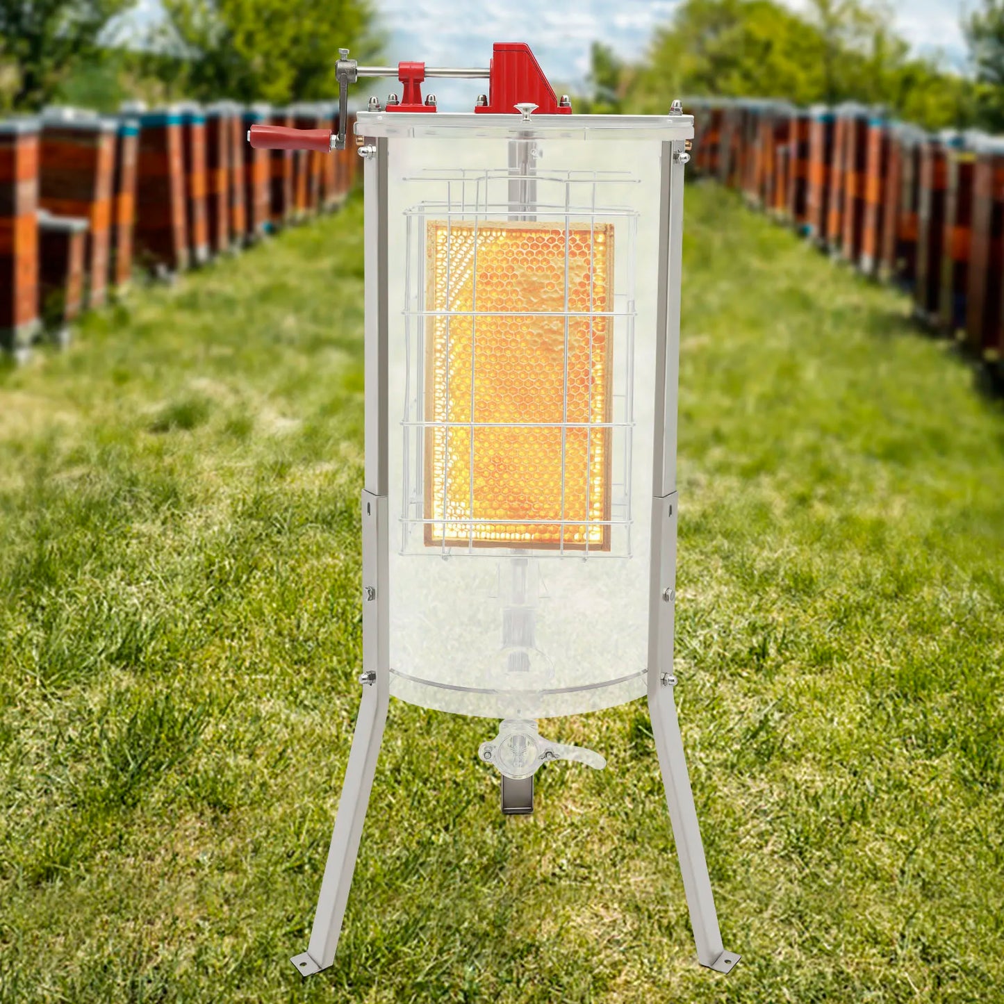 2 Frame Manual Honey Extractor, Acrylic Clear Transparent Beekeeping Tool with Enclosed Gears, Semi-Suspended Basket, Wide Honey Valve, Stable Stand, Easy Clean for Home & Small Farm Use