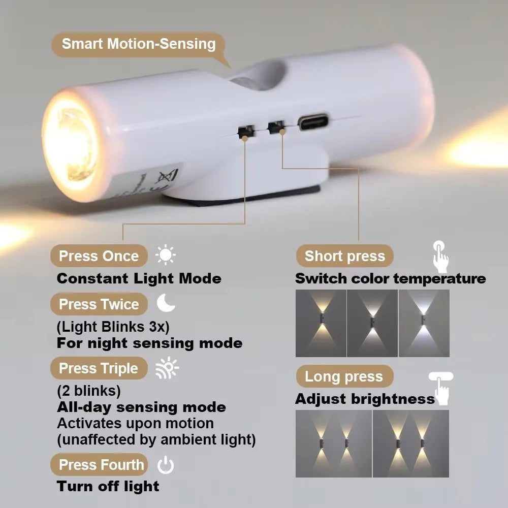 2Pcs Double-head LED Night Light Motion Sensor RGB Rechargeable Magnetic Wall Lamp Mood Ambient Light for Cabinet Hallway Stair
