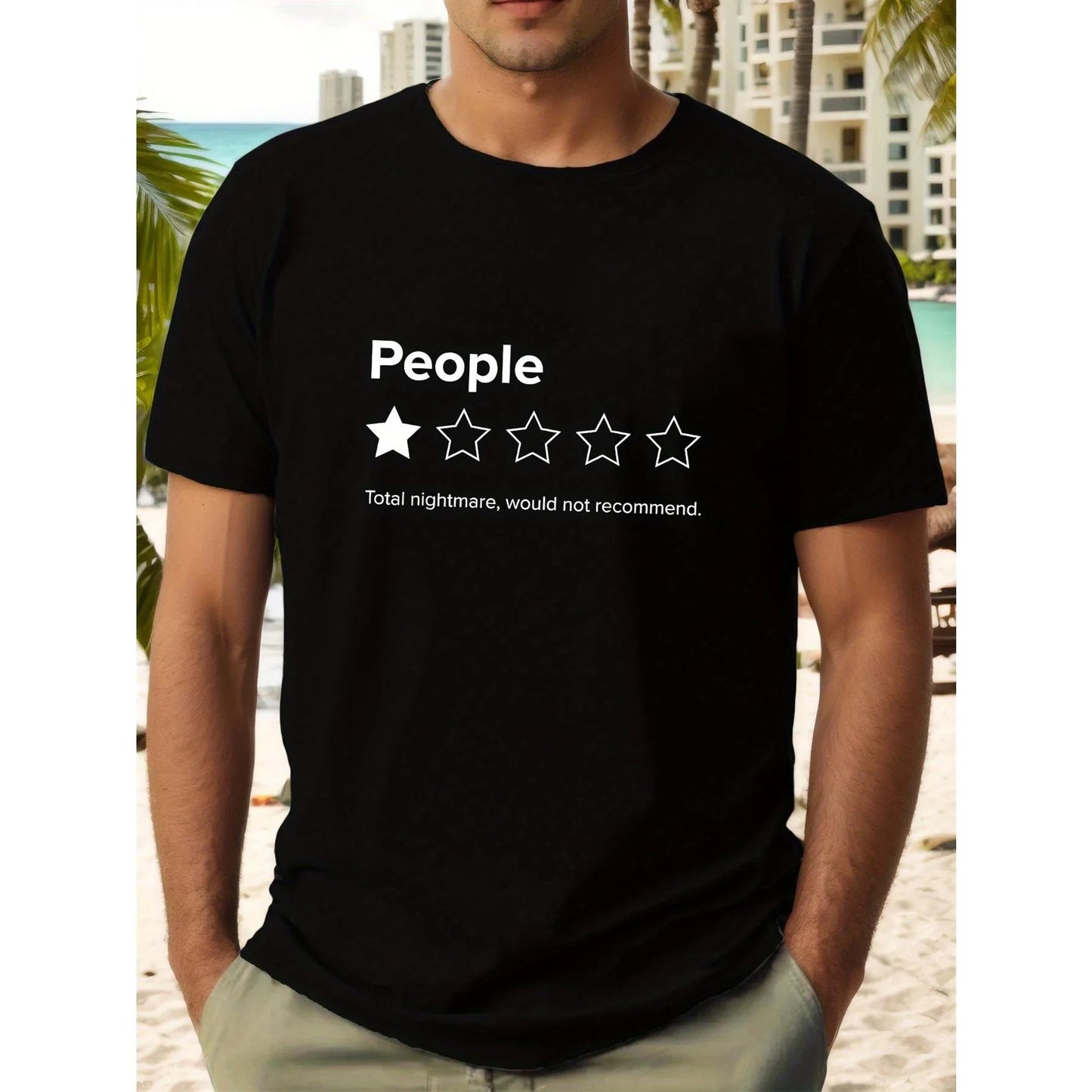 Men's Funny Sarcastic People Graphic T-Shirt - 5-Star Rating Design with Total Nightmare Would Not Recommend Text, Black Cotton Short Sleeve Round Neck Casual Tee for Casual Attire & Social Events, All-Season Comfort Fit Nove