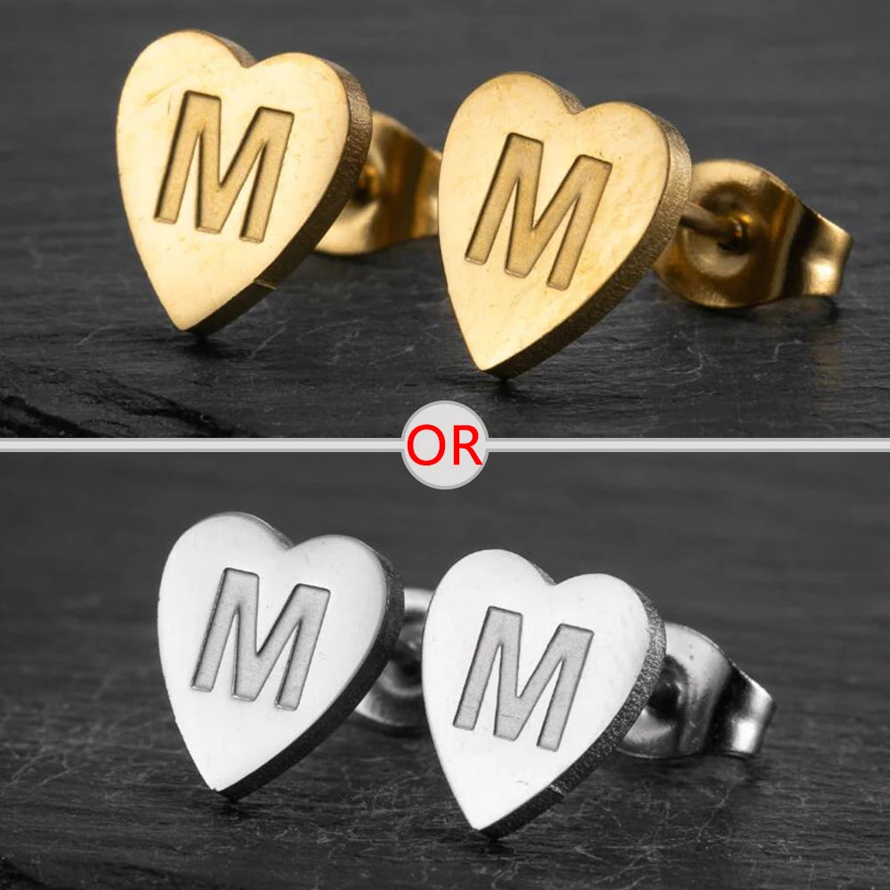100% Stainless Steel A-Z Initial Earrings for Women Girls Personalize Letter Name Heart Stud Earring Family Jewelry Best Gifts