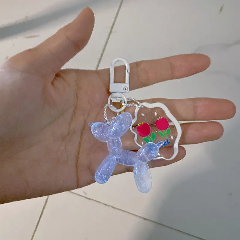 Glow In The Dark Balloon Dog Keychain for Women Cute Cartoon Bag Decoration Puppy Key Chain with Flower Charms Girl Friend Gift