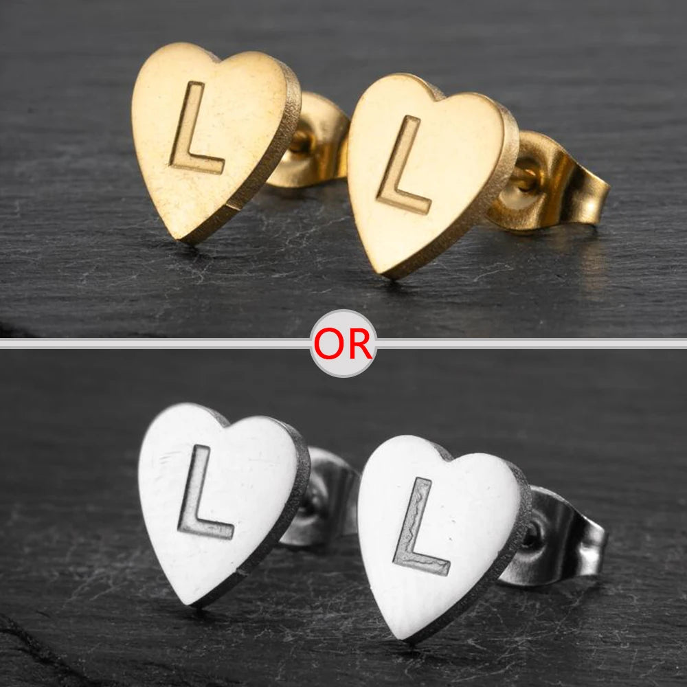 100% Stainless Steel A-Z Initial Earrings for Women Girls Personalize Letter Name Heart Stud Earring Family Jewelry Best Gifts