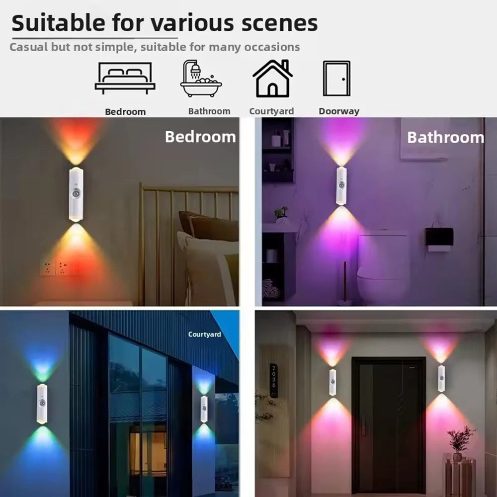 2Pcs Double-head LED Night Light Motion Sensor RGB Rechargeable Magnetic Wall Lamp Mood Ambient Light for Cabinet Hallway Stair