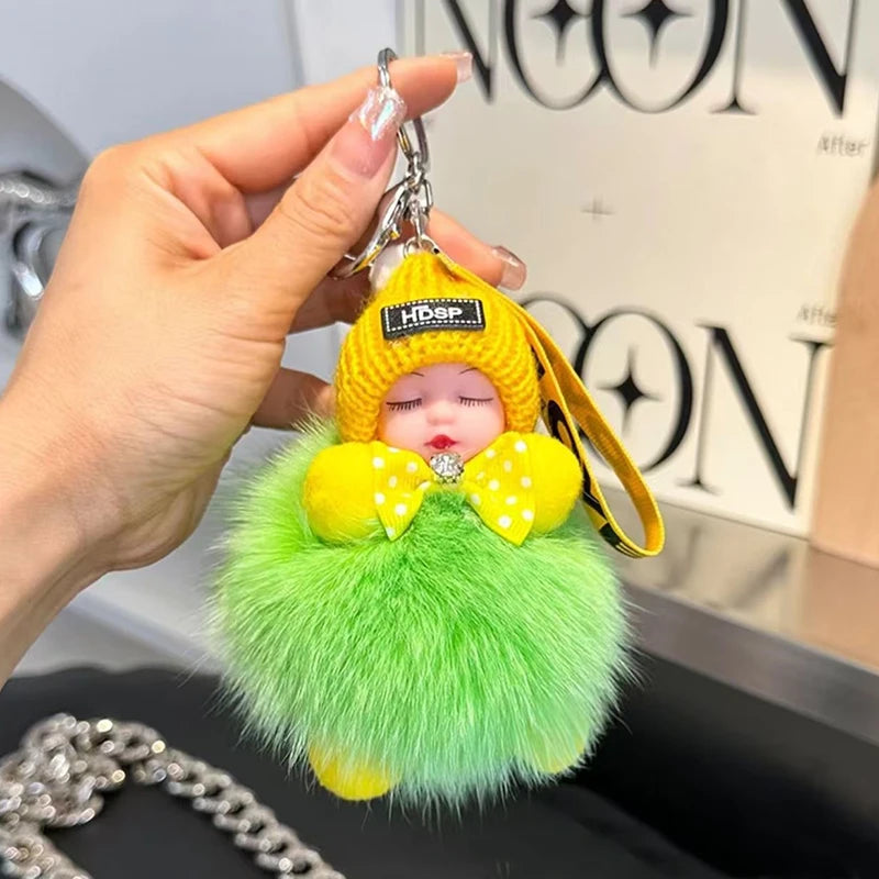 Cute Fluffy Plush Sleepy Doll Keychain For Women Bag Car Key Chain Kawaii Key Ring On Bag Car Trinket Pendant Gift