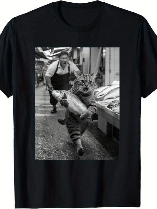 Funny Tabby Cat with Fish T-Shirt - Black Tee Featuring a Striped Cat in a Fish Market Scene, Perfect for Cat Lovers And Foodies - Breathable Summer Shirt for Casual Wear, Fun Gift Idea for Birthdays Or Just Because!