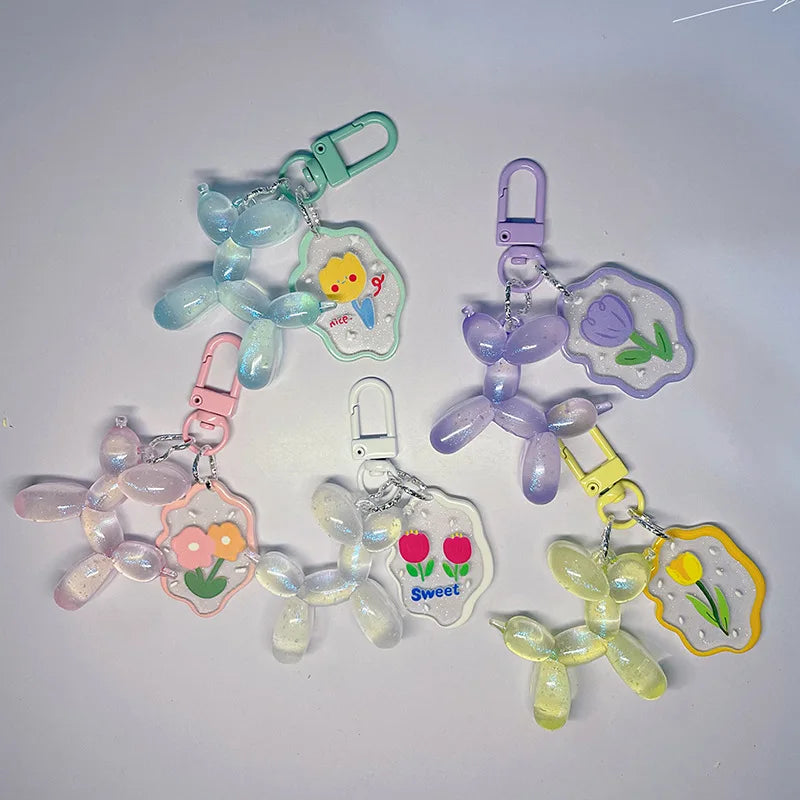 Glow In The Dark Balloon Dog Keychain for Women Cute Cartoon Bag Decoration Puppy Key Chain with Flower Charms Girl Friend Gift