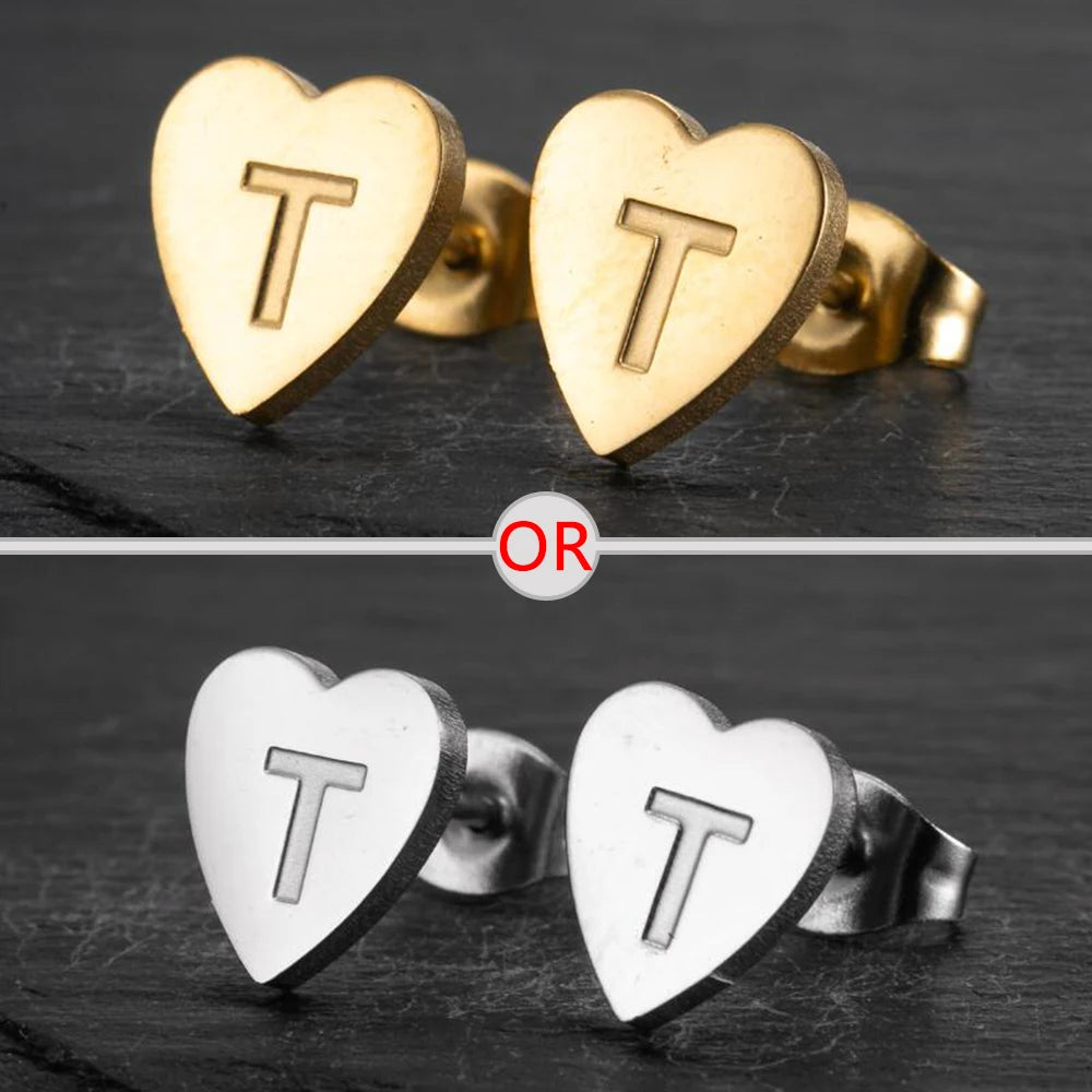 100% Stainless Steel A-Z Initial Earrings for Women Girls Personalize Letter Name Heart Stud Earring Family Jewelry Best Gifts