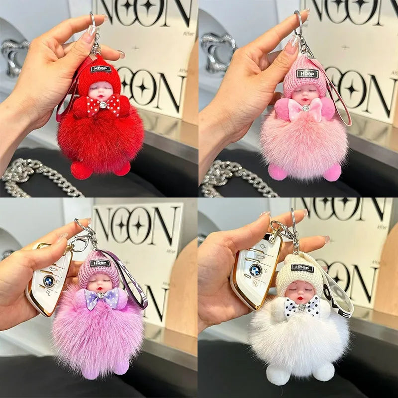 Cute Fluffy Plush Sleepy Doll Keychain For Women Bag Car Key Chain Kawaii Key Ring On Bag Car Trinket Pendant Gift
