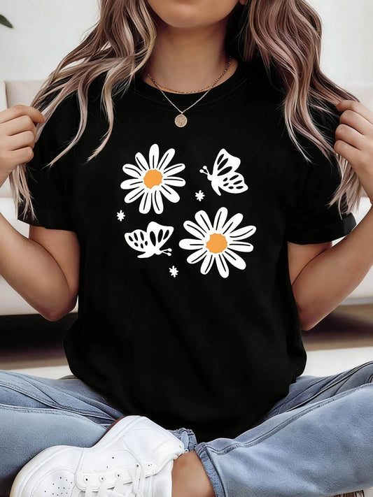 Women'S T-Shirt Featuring a Floral Butterfly Graphic, Short Sleeves, And a Crew Neck, Perfect for Casual Wear in Spring And Summer