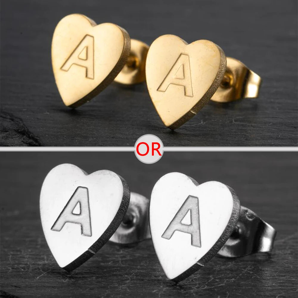 100% Stainless Steel A-Z Initial Earrings for Women Girls Personalize Letter Name Heart Stud Earring Family Jewelry Best Gifts