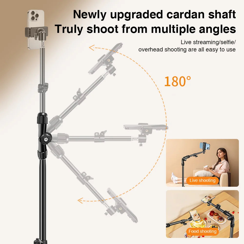 Horizontal Overhead Tripod Adjustable Cell Phone Tripod Stand for Filming Video Recording Live Stream Floor Telescopic Bracket