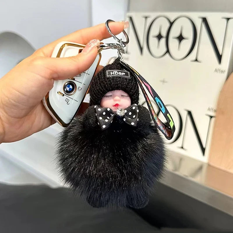Cute Fluffy Plush Sleepy Doll Keychain For Women Bag Car Key Chain Kawaii Key Ring On Bag Car Trinket Pendant Gift