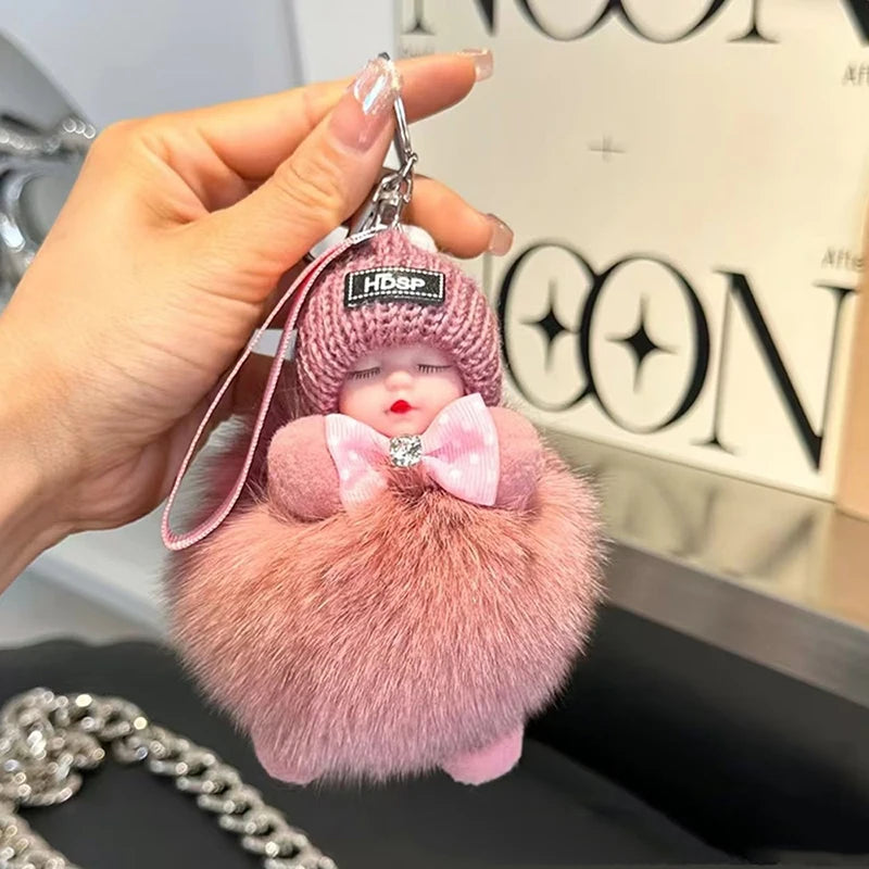 Cute Fluffy Plush Sleepy Doll Keychain For Women Bag Car Key Chain Kawaii Key Ring On Bag Car Trinket Pendant Gift