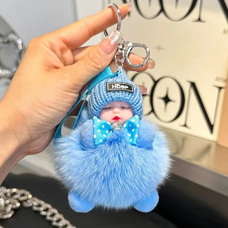 Cute Fluffy Plush Sleepy Doll Keychain For Women Bag Car Key Chain Kawaii Key Ring On Bag Car Trinket Pendant Gift