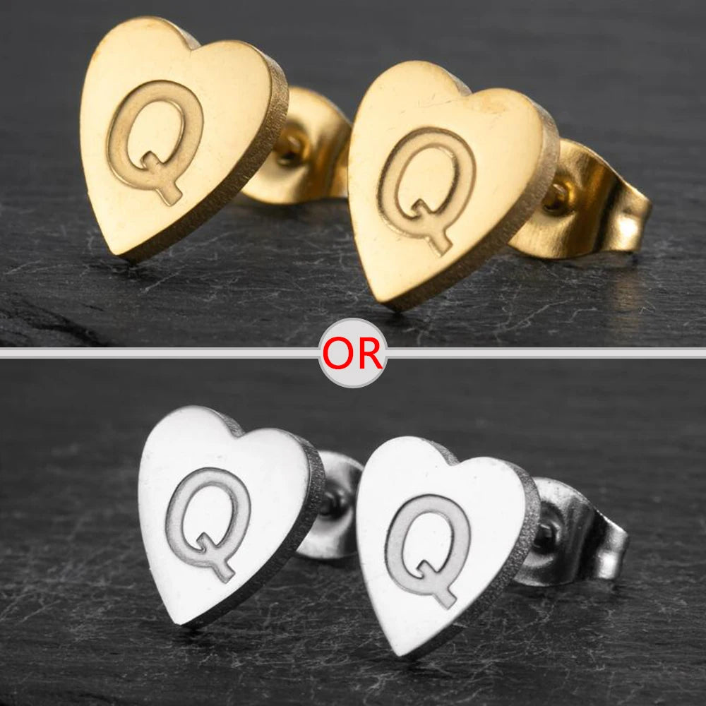 100% Stainless Steel A-Z Initial Earrings for Women Girls Personalize Letter Name Heart Stud Earring Family Jewelry Best Gifts