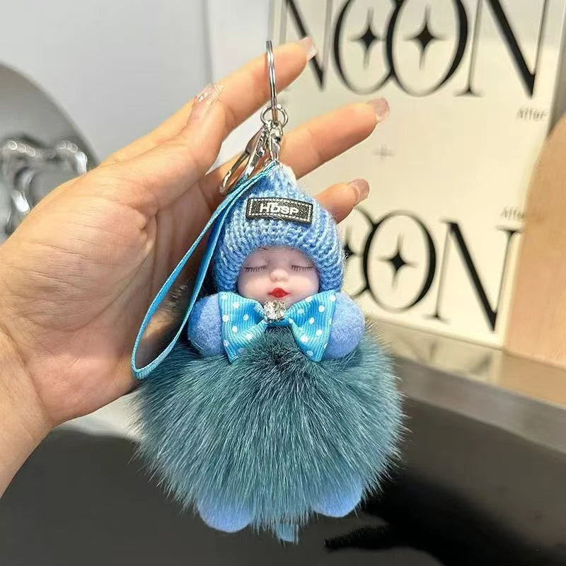 Cute Fluffy Plush Sleepy Doll Keychain For Women Bag Car Key Chain Kawaii Key Ring On Bag Car Trinket Pendant Gift