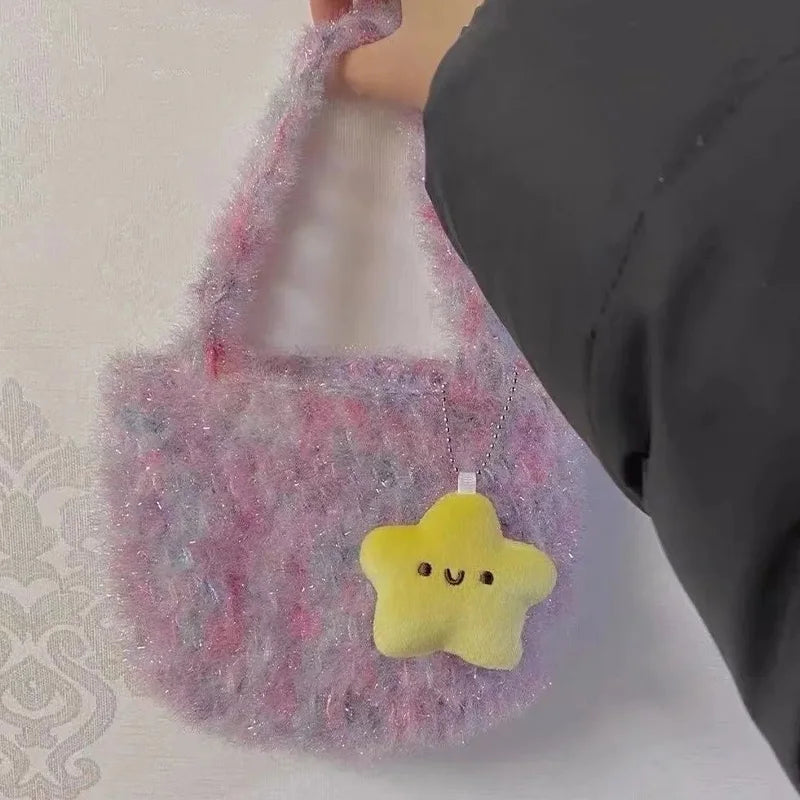 Cartoon Cute Squeezing Stars Plush Toy Keychain for Women Men Fluffy Soft Bag Pendant Mini Yellow Keyring Charms Keyring Gifts