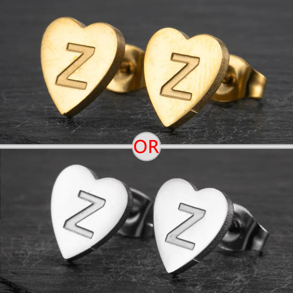 100% Stainless Steel A-Z Initial Earrings for Women Girls Personalize Letter Name Heart Stud Earring Family Jewelry Best Gifts
