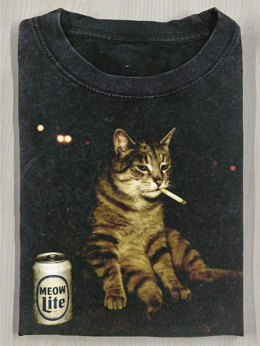 Men's & Unisex Retro Tabby Cat & Beer Print T-Shirt - Heavyweight 180g Cotton Loose Fit Vintage Tee with Smoking Tabby Cat & MEOW LIFE Design, Funny Gift for Cat Lovers, for all-Season, Christmas, Halloween, Beach Parties - D