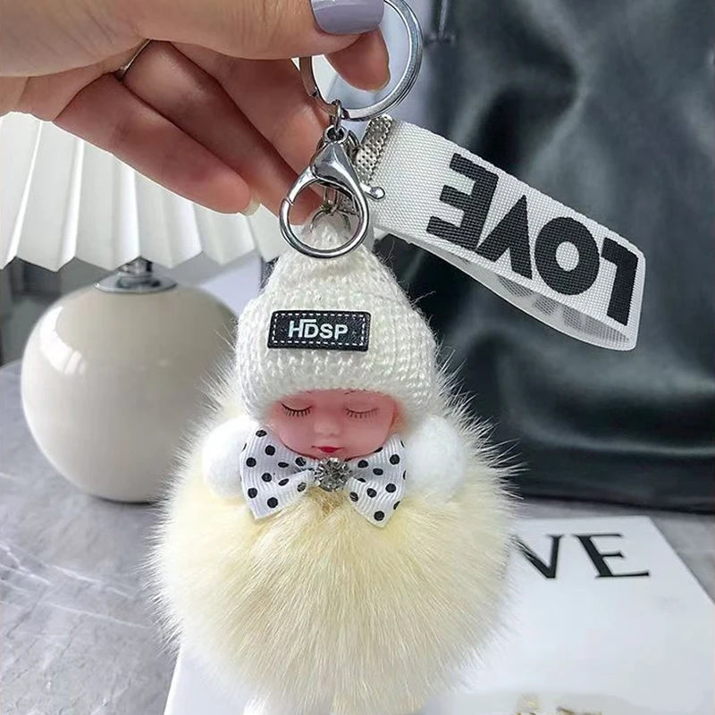Cute Fluffy Plush Sleepy Doll Keychain For Women Bag Car Key Chain Kawaii Key Ring On Bag Car Trinket Pendant Gift