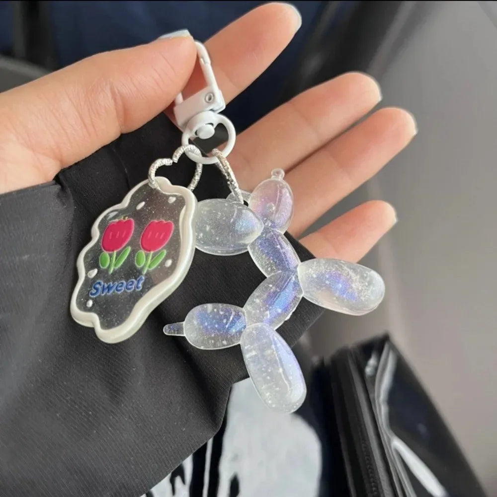 Glow In The Dark Balloon Dog Keychain for Women Cute Cartoon Bag Decoration Puppy Key Chain with Flower Charms Girl Friend Gift