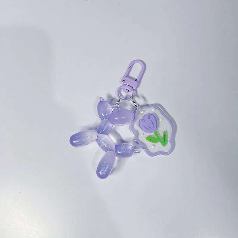 Glow In The Dark Balloon Dog Keychain for Women Cute Cartoon Bag Decoration Puppy Key Chain with Flower Charms Girl Friend Gift