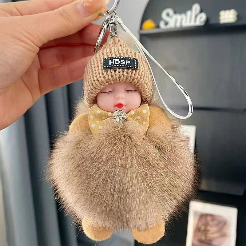 Cute Fluffy Plush Sleepy Doll Keychain For Women Bag Car Key Chain Kawaii Key Ring On Bag Car Trinket Pendant Gift