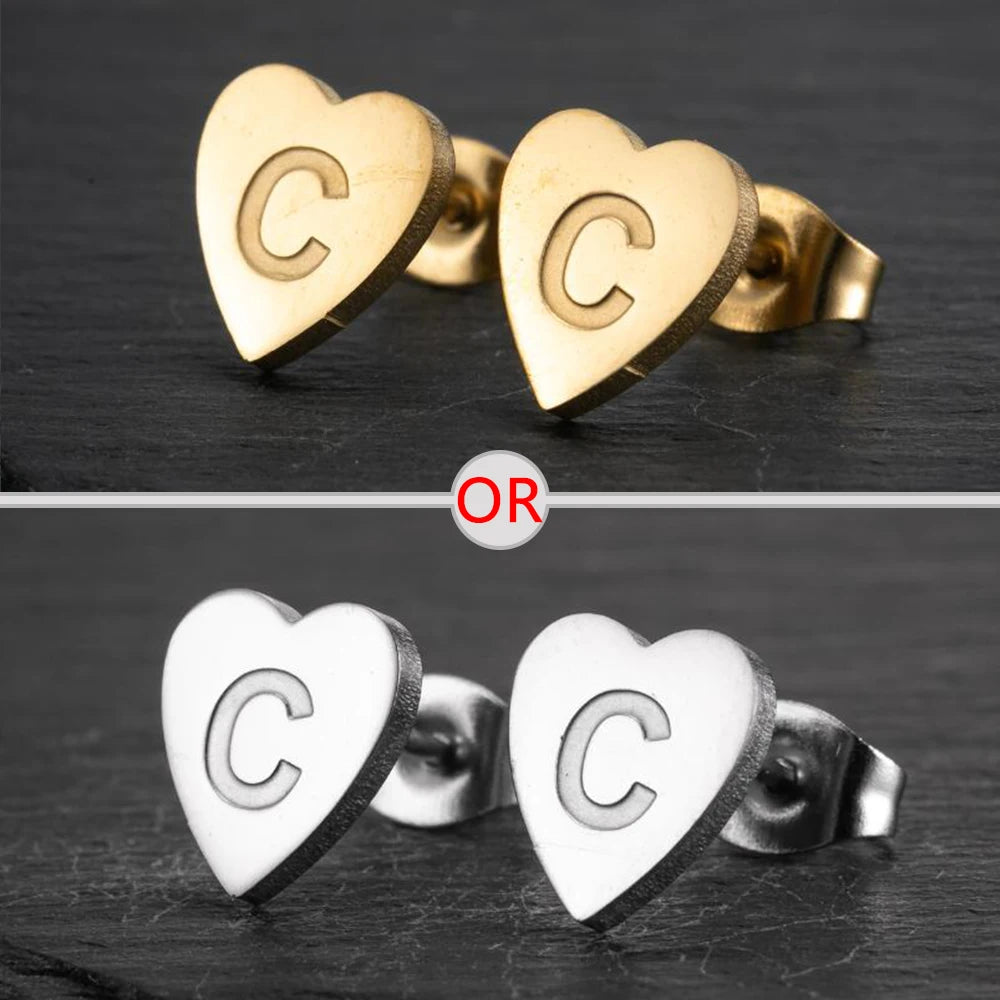 100% Stainless Steel A-Z Initial Earrings for Women Girls Personalize Letter Name Heart Stud Earring Family Jewelry Best Gifts