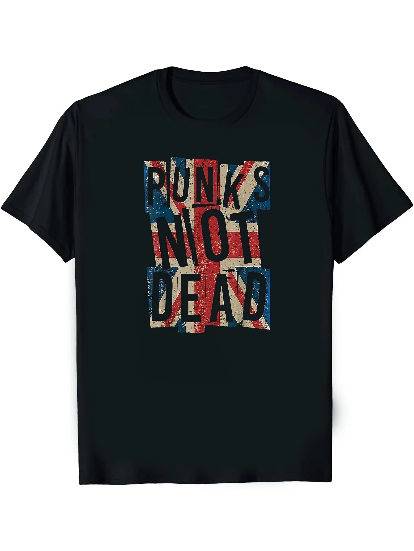 1PC Men'S Punks Not Dead Vintage British Flag Graphic T-Shirt - Black, Short Sleeve, Crew Neck, Machine Washable, Retro Punk Style, Everyday Casual Wear, Everyday Tshirt Streetwear Fashion Machine Washable Shirt