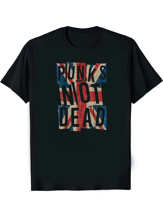 1PC Men'S Punks Not Dead Vintage British Flag Graphic T-Shirt - Black, Short Sleeve, Crew Neck, Machine Washable, Retro Punk Style, Everyday Casual Wear, Everyday Tshirt Streetwear Fashion Machine Washable Shirt