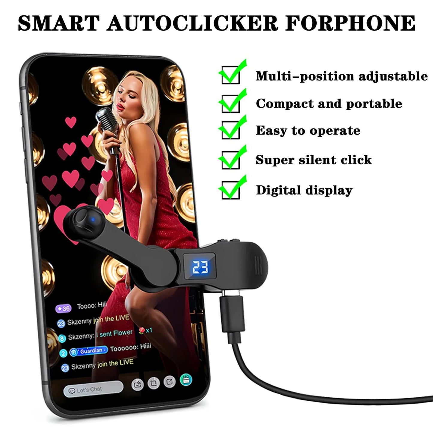 Auto Clicker for TikTok Smart Phone Video App Live Streaming Gadget Automatic Phone Screen Tapper Simulated Finger Clicking