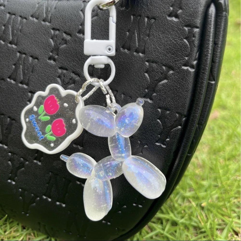 Glow In The Dark Balloon Dog Keychain for Women Cute Cartoon Bag Decoration Puppy Key Chain with Flower Charms Girl Friend Gift