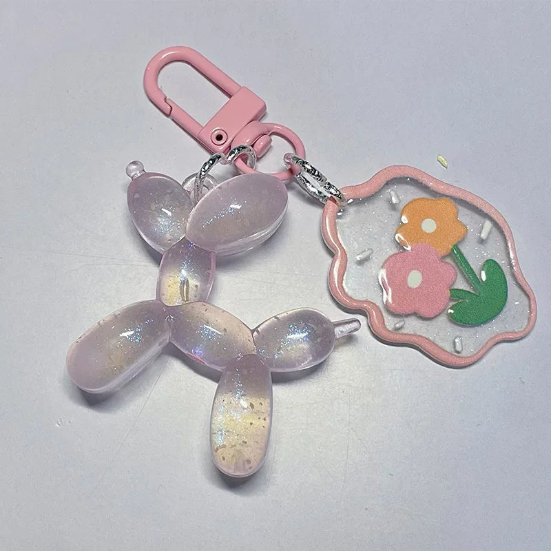 Glow In The Dark Balloon Dog Keychain for Women Cute Cartoon Bag Decoration Puppy Key Chain with Flower Charms Girl Friend Gift