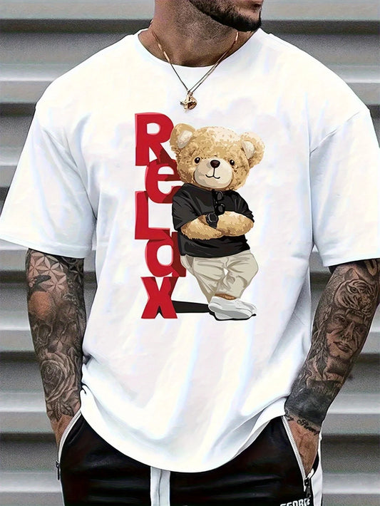 Men'S Fashionable Letter Bear Pattern Printed T-Shirt, Soft Round Neck, Comfortable Fit, Pure Fabric, Men'S T-Shirt, Summer Casual Short Sleeved T-Shirt