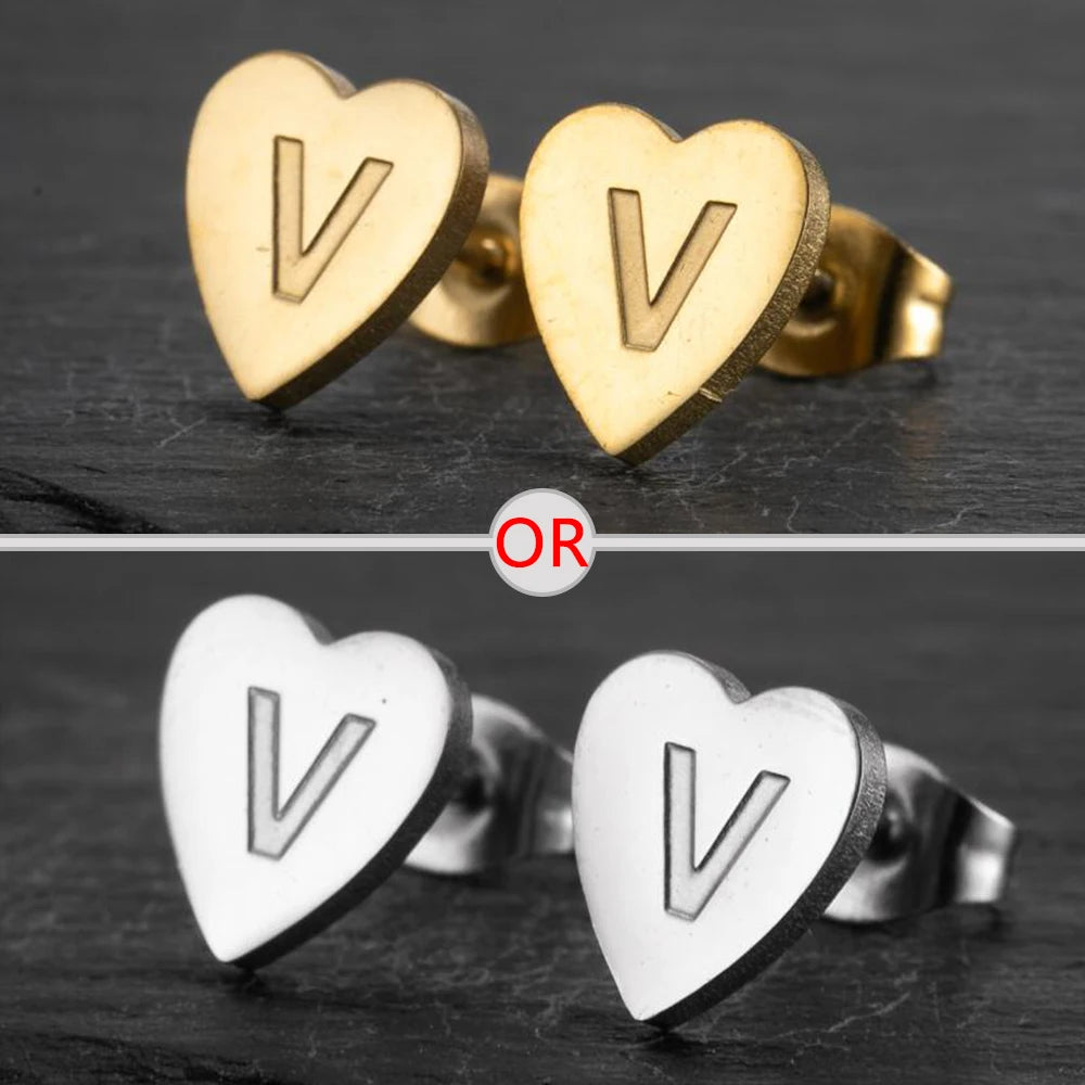 100% Stainless Steel A-Z Initial Earrings for Women Girls Personalize Letter Name Heart Stud Earring Family Jewelry Best Gifts