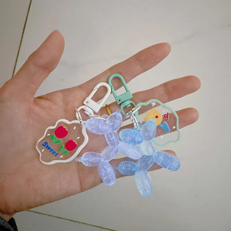 Glow In The Dark Balloon Dog Keychain for Women Cute Cartoon Bag Decoration Puppy Key Chain with Flower Charms Girl Friend Gift