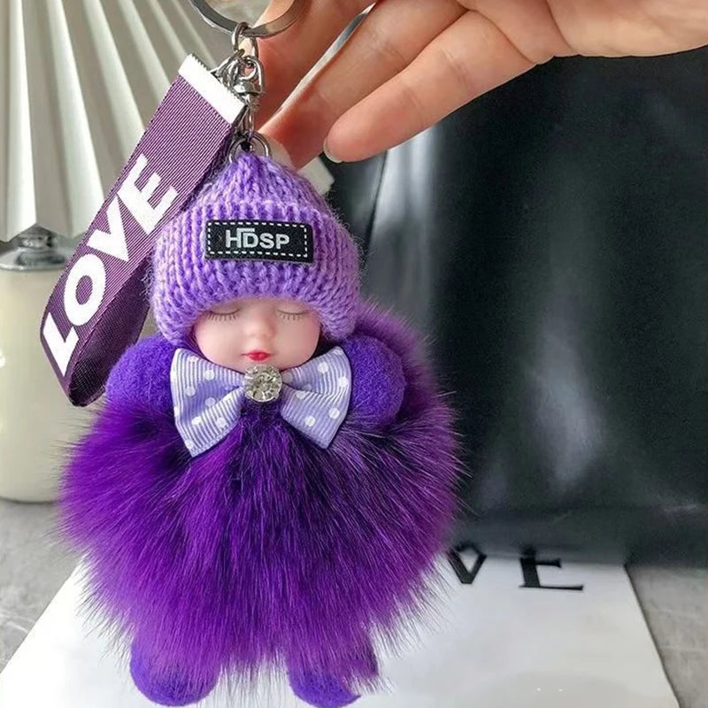Cute Fluffy Plush Sleepy Doll Keychain For Women Bag Car Key Chain Kawaii Key Ring On Bag Car Trinket Pendant Gift