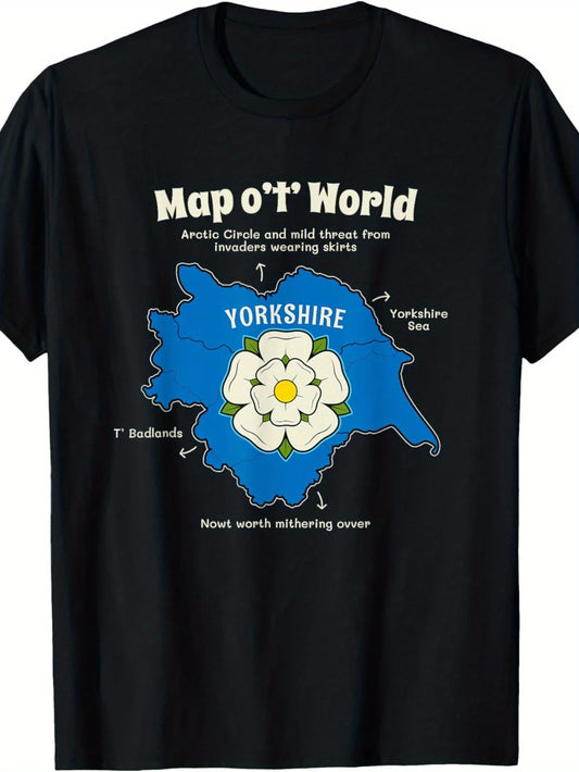 Humorous T-Shirt Featuring a Yorkshire-Themed World Map - A Design Celebrating British Geography with Elements Like The Yorkshire Sea, Dales, And Coastline - A Funny UK Map Tee Suitable for Both Men And Women