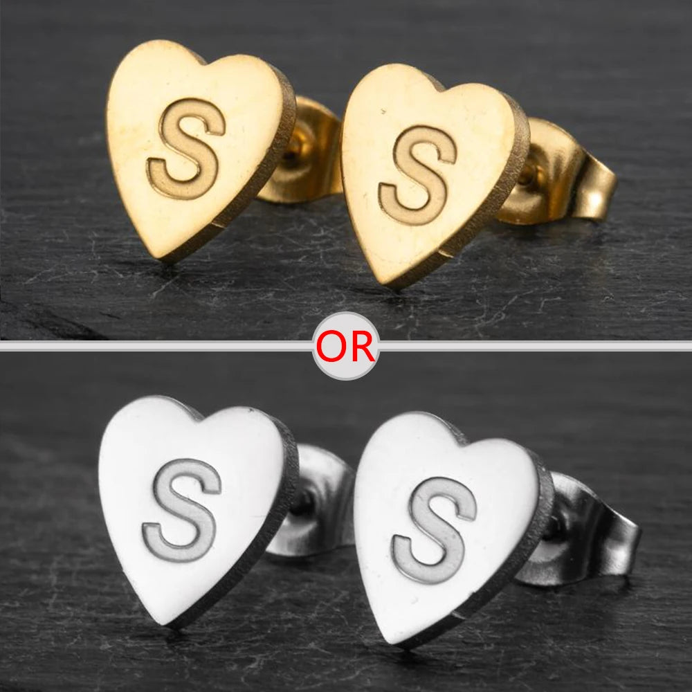 100% Stainless Steel A-Z Initial Earrings for Women Girls Personalize Letter Name Heart Stud Earring Family Jewelry Best Gifts
