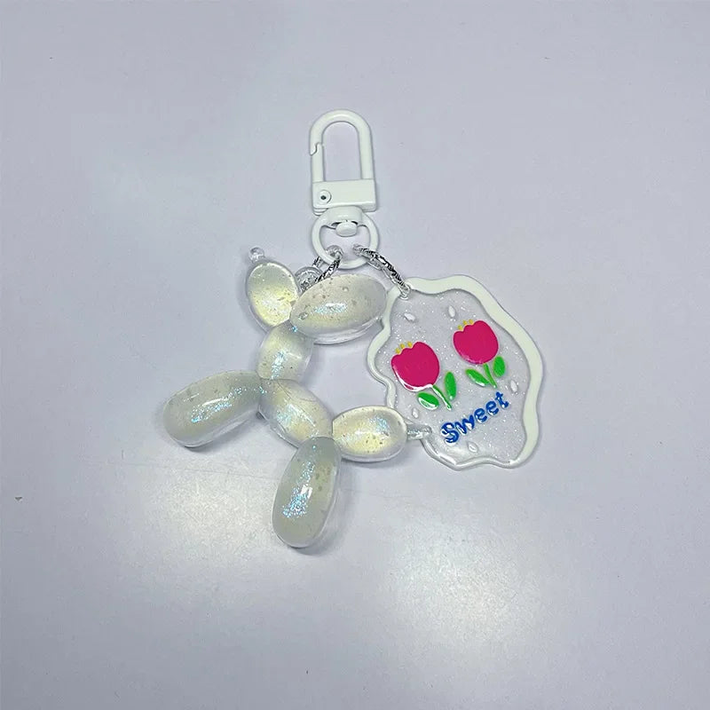 Glow In The Dark Balloon Dog Keychain for Women Cute Cartoon Bag Decoration Puppy Key Chain with Flower Charms Girl Friend Gift