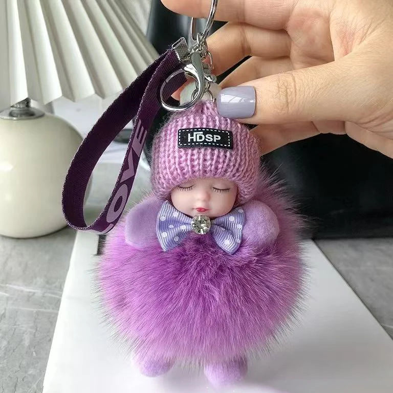 Cute Fluffy Plush Sleepy Doll Keychain For Women Bag Car Key Chain Kawaii Key Ring On Bag Car Trinket Pendant Gift