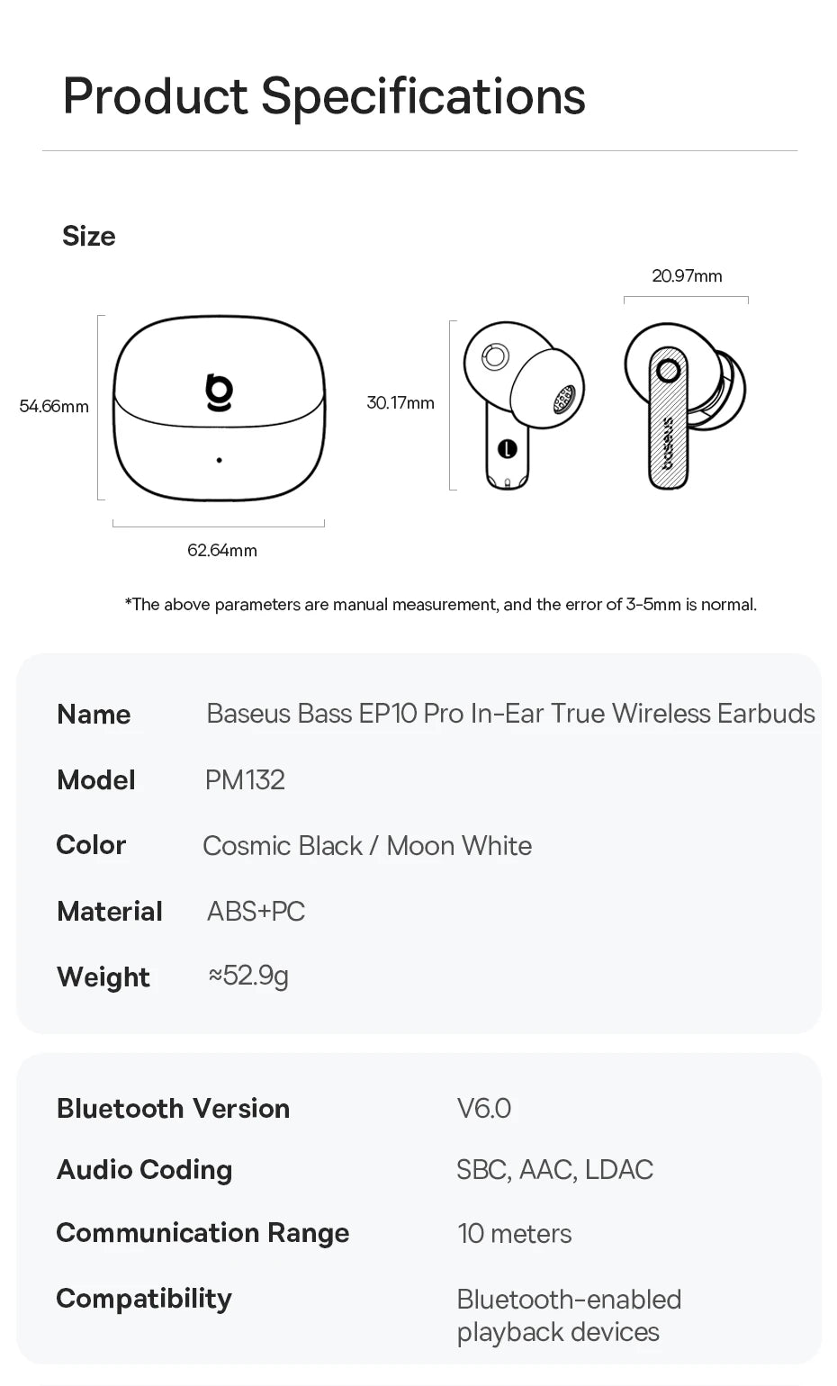 Baseus EP10 Pro ANC Earbuds Wireless Bluetooth 6.0 Earphones 50dB Realtime Adaptive Headphones 6 Mic Hi-Res LDAC IP55  Ear Buds