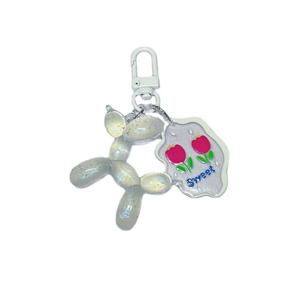 Glow In The Dark Balloon Dog Keychain for Women Cute Cartoon Bag Decoration Puppy Key Chain with Flower Charms Girl Friend Gift