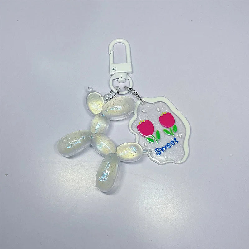 Glow In The Dark Balloon Dog Keychain for Women Cute Cartoon Bag Decoration Puppy Key Chain with Flower Charms Girl Friend Gift