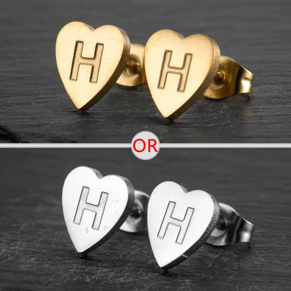 100% Stainless Steel A-Z Initial Earrings for Women Girls Personalize Letter Name Heart Stud Earring Family Jewelry Best Gifts